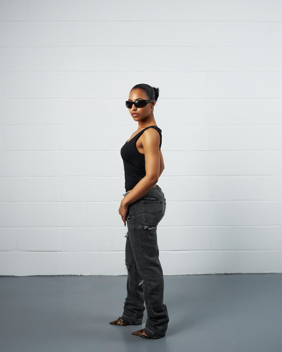 CHARCOAL NO-WAIST TRASHER DENIM – JEANIUS LAB